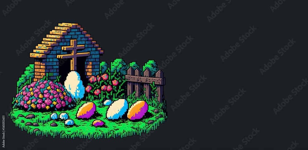 Pixel art easter scene with tomb and eggs with copy space, background in retro style for 8 bit game, Generative AI
