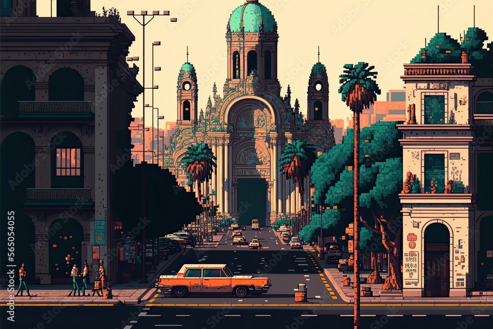 Naklejka premium Pixel art mexico city, cityscape in retro style for 8 bit game, Generative AI 