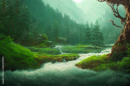 a big tree river forest mountain illustrator background Generative AI Content by Midjourney