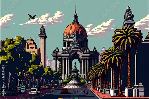 Pixel art mexico city, cityscape in retro style for 8 bit game, Generative AI
