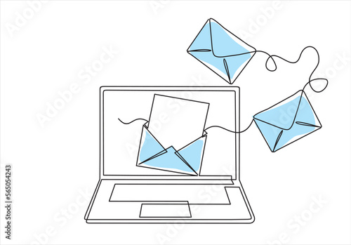 Laptop and envelopes e mail list building illustration continuous one line art illustration. Can used for logo, emblem, slide show and banner. Illustration with quote template. 