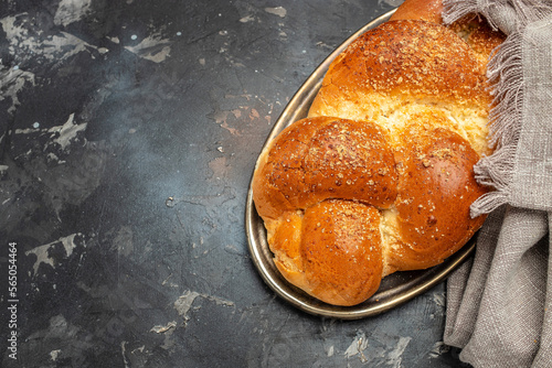 challah. Traditional Jewish Shabbat ritual. Shabbat or Shabath concept. Long banner format. top view photo