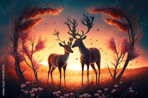 pair of deer standing in a romantic forest with a beautiful sunset view. generative ai