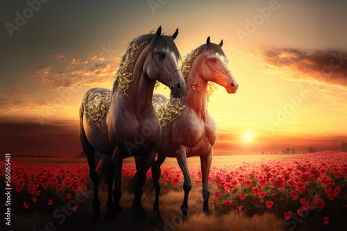 pair of horses galloping in a romantic sunset. generative ai © aicandy