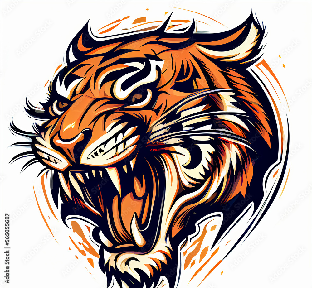 stylized roaring tiger head isolated on white background, cartoon style created with generative ai