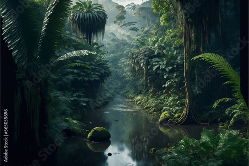 Floresta, contendo rio ao centro da imagem, Generative AI photo