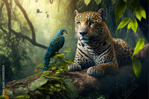 Jaguar in the tree, with blue parrot, animals in their natural habitat, Generative AI photo