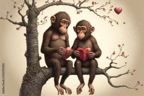 playful pair of monkeys sharing a heart-shaped box of chocolates while sitting on a branch of a beautiful tree. generative ai