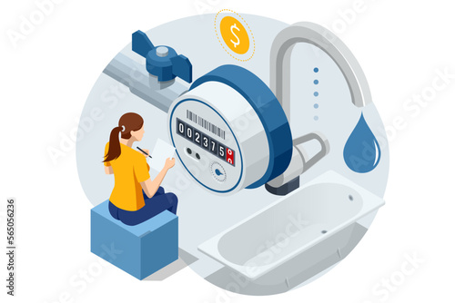 Isometric invoice, payment for cold and hot water. Utility bills and saving resources concept. Utility bills payment. People paying utility, and electricity bills online