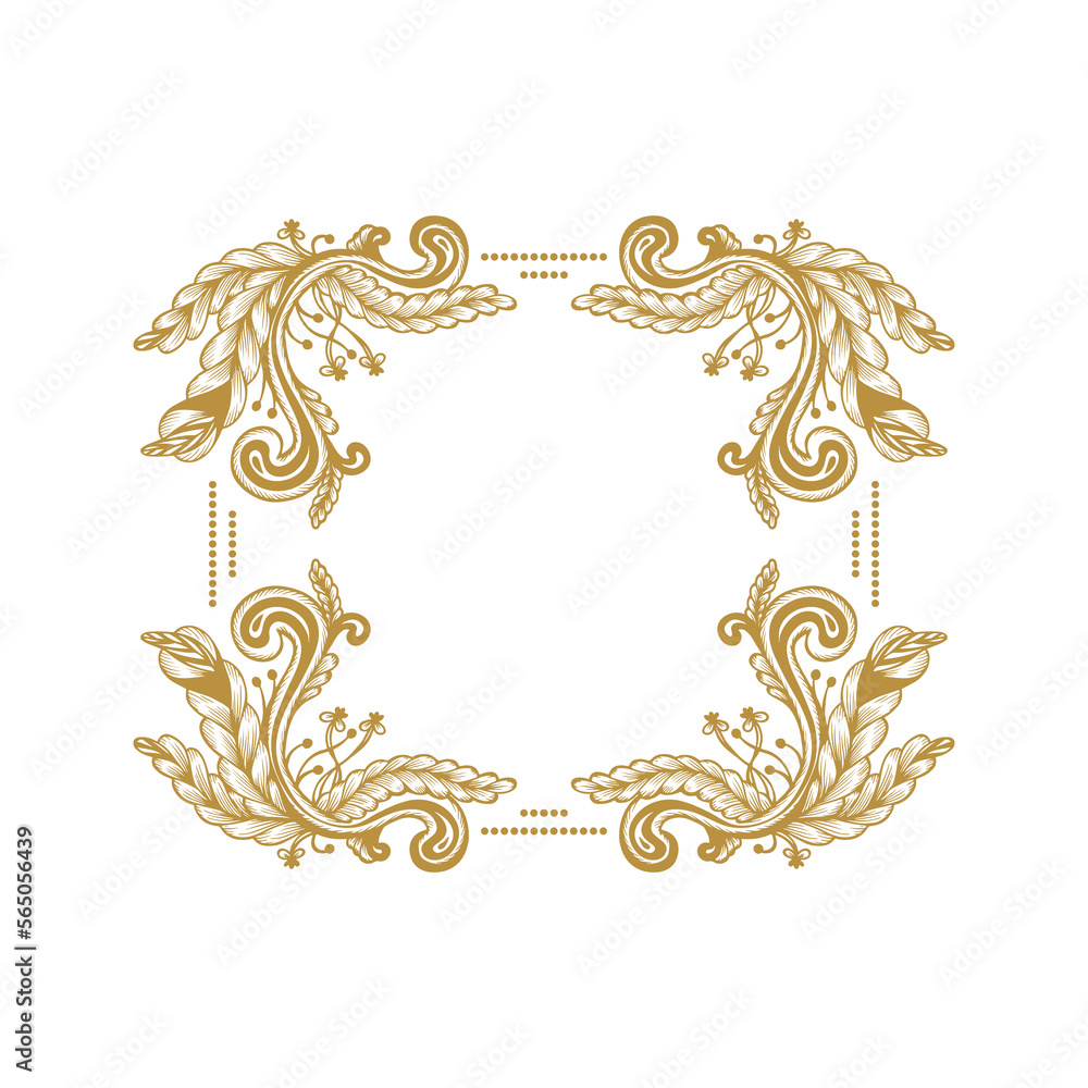 Hand Drawn Vintage damask ornamental elements for design. Baroque frame scroll ornament. Golden Elegant abstract floral pattern border in antique style. Decorative foliage swirl edging.
