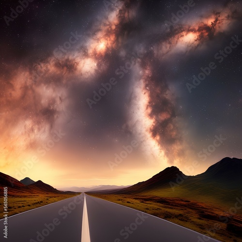 A road leading to distance in a mountain valley with milky way in the backgroung. - generative ai