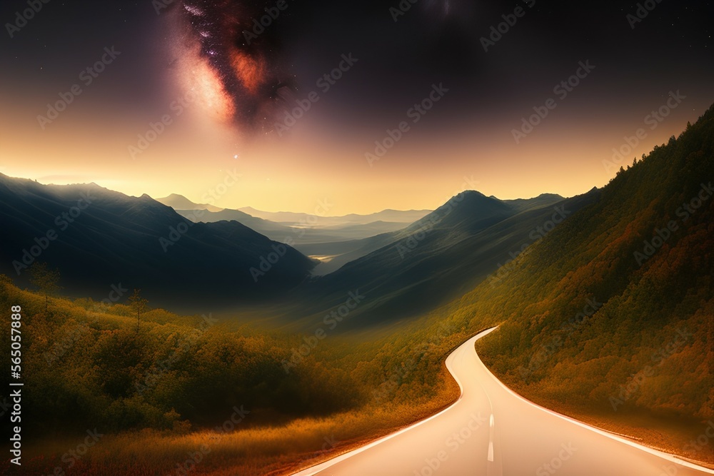 A road leading to distance in a mountain valley with milky way in the backgroung. - generative ai