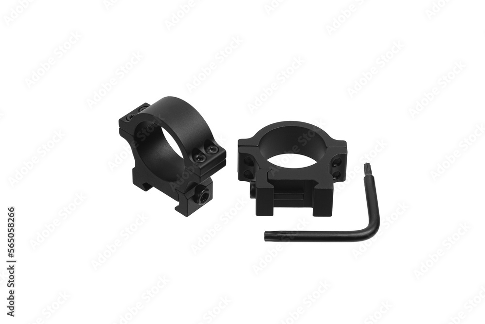 Quick disconnect mount made for holding a scope on a rifle isolated on white back. Quick Release Sniper Cantilever Scope Mount. Quick disconnect mount made for holding a scope on a rifle isolated on white back. Quick Release Sniper Cantilever Scope Mount.