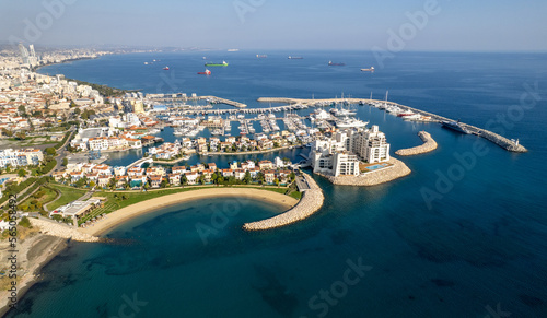 Aerial drone photo of yacht and fishing marina. Drone view from above. Limassol harbour, Cyprus, Europe
