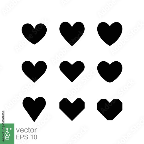 Heart icon set. Simple flat style. Love logo, feeling, romance, weeding decoration emotion concept. Black silhouette, glyph symbol. Vector illustration design isolated on white background. EPS 10.