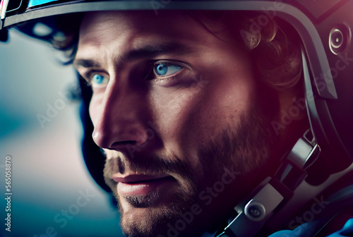 Biker in the helmet close up portrait. Generative AI.