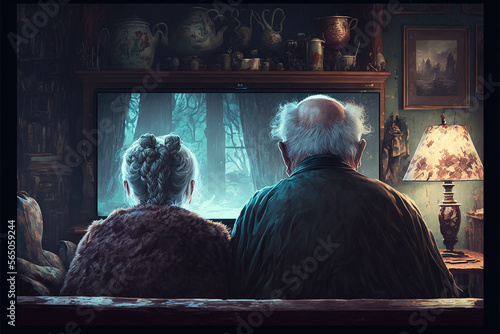 A couple of elderly people, man and woman, watching the TV alone. Generative AI
