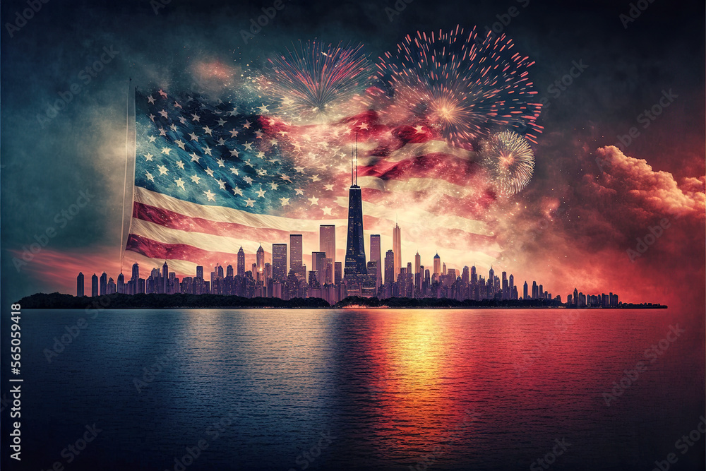 Fireworks and American Flag Over The Chicago Skyline - AI Generative