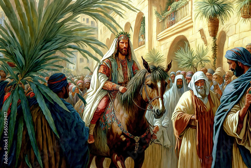 Illustration of Palm Sunday commemorates Christ's triumphal entry into Jerusalem - AI Generative no one recognizable