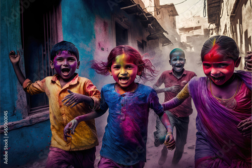 Generative AI, illustration of kid playing holi running in the streets of india, happy children enjoy festival of colors, two girls and boys running in day time and there face are covered with colors