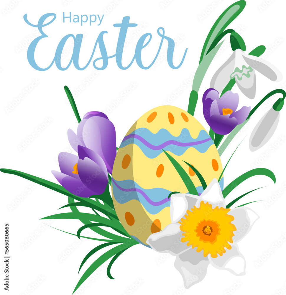 Happy Easter card design with easter egg daffodil crocus snowdrop flowers on white background