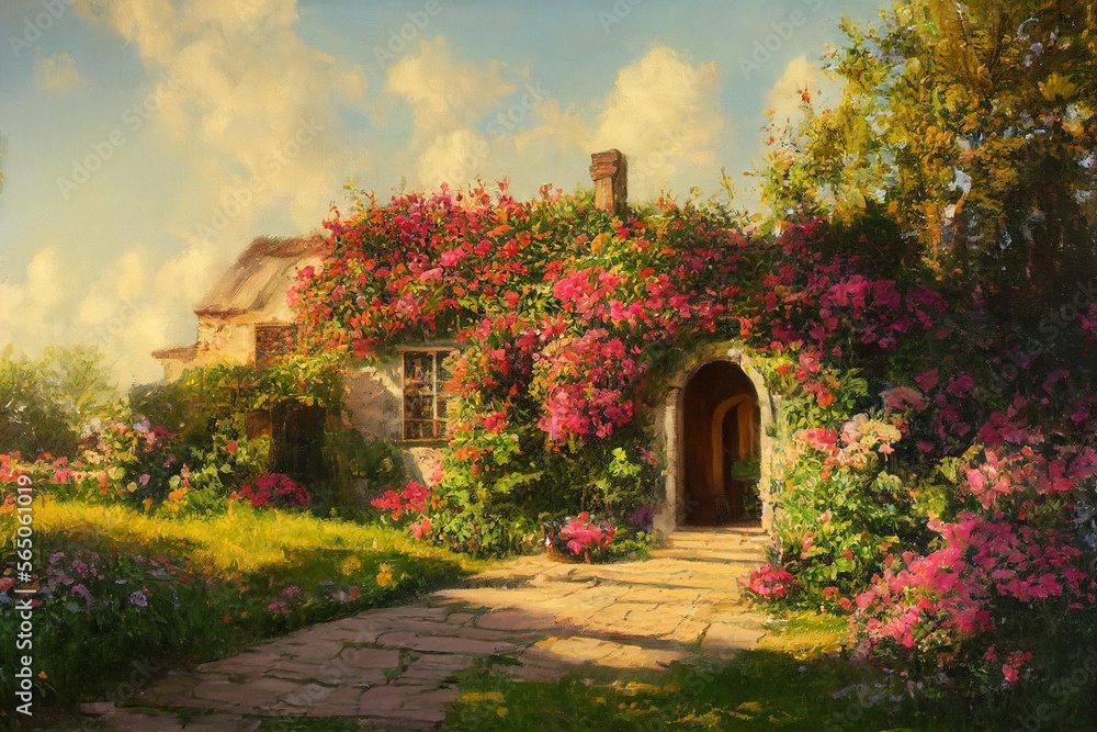 Warm Beautiful Vintage oil painting of cottage style ham exterior landscape with daylight plants and flowers Made with Generative Ai - obrazy, fototapety, plakaty 