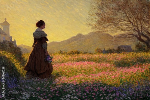 Beautiful cozy vintage oil painting of woman in field of flowers cottage mountains at golden hour antique rococo inspired Made with Generative Ai