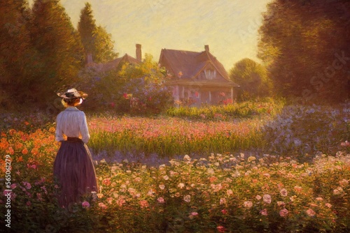 Beautiful cozy vintage oil painting of woman in field of flowers cottage mountains at golden hour antique rococo inspired Made with Generative Ai