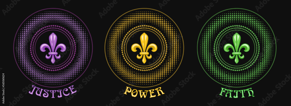 Set of round carnival Mardi Gras tradionally colored patterns meaning Power, Faith, Justice. Beads, fleur de lis symbol, text. Halftone style. For prints, clothing, apparel, t shirt, surface design - obrazy, fototapety, plakaty 