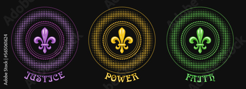 Set of round carnival Mardi Gras tradionally colored patterns meaning Power, Faith, Justice. Beads, fleur de lis symbol, text. Halftone style. For prints, clothing, apparel, t shirt, surface design