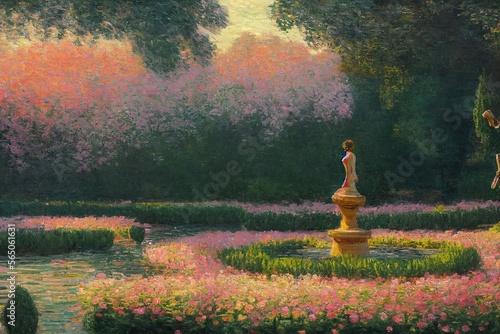 Beautiful antique vintage oil painting with daylight of garden landscape with water fountains and statues Made with Generative Ai