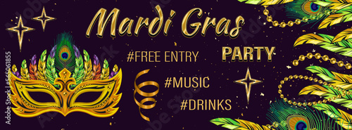 Mardi gras horizontal banner with masquerade mask, beads, feathers. Vector llustration for advert of event. Layout, template for social media, web sites. Social media header size