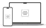 Modern laptop mockup front view and smartphone mockup high quality isolated on white background. Notebook mockup and phone device mockup for ui ux app and website presentation Stock Vector.