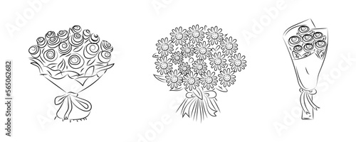 Hand drawn bouqets of flowers vector set. Flowers bouquet sketch isolated on white background. flowers collection in linear style. Bouquet of chrysanthemum flowers and rose. vector illustration