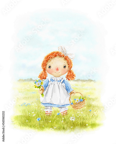 Watercolor fantasy cute redhead raggedy doll toy Ann picking flowers in basket on the meadow isolated on white background. Hand drawn illustration sketch photo