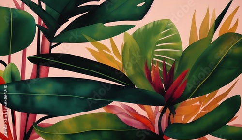 floral wallpaper. tropical plants, bright green flowers, grass, leaves pattern