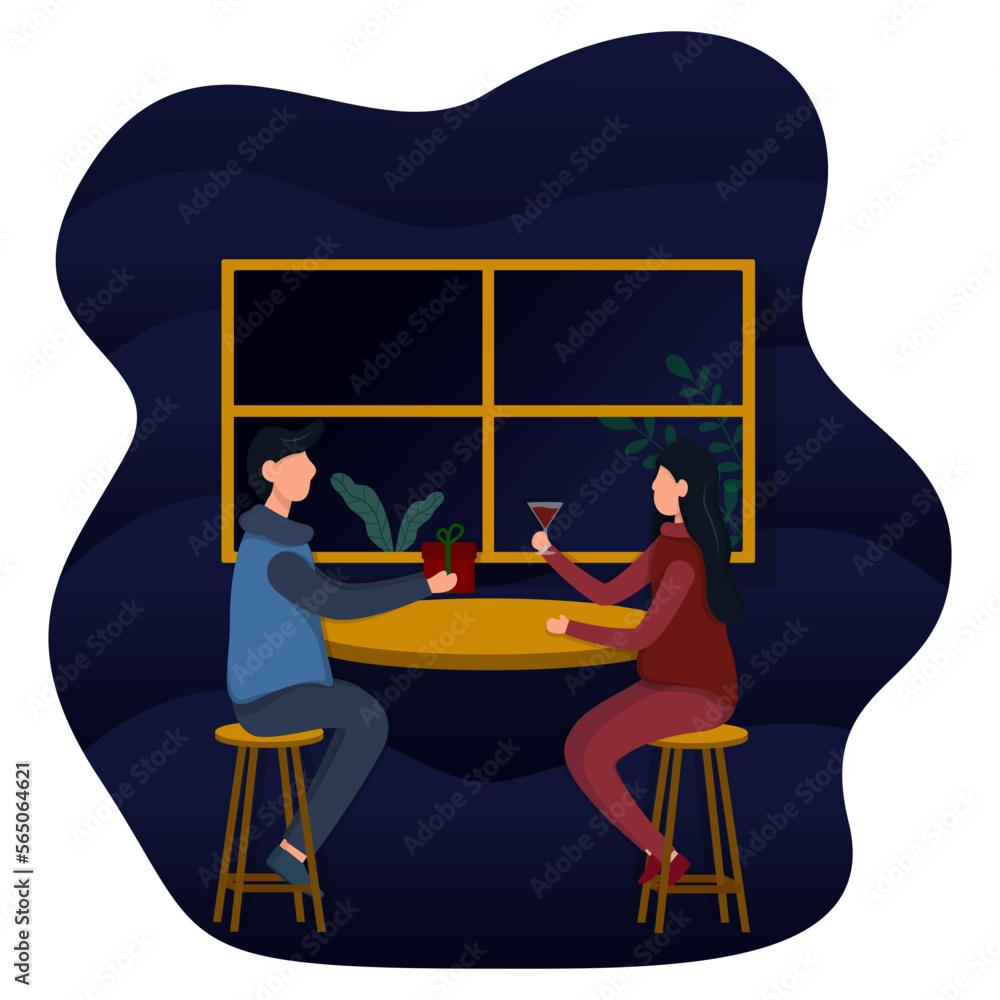 two people sitting on the table. young couple illustration