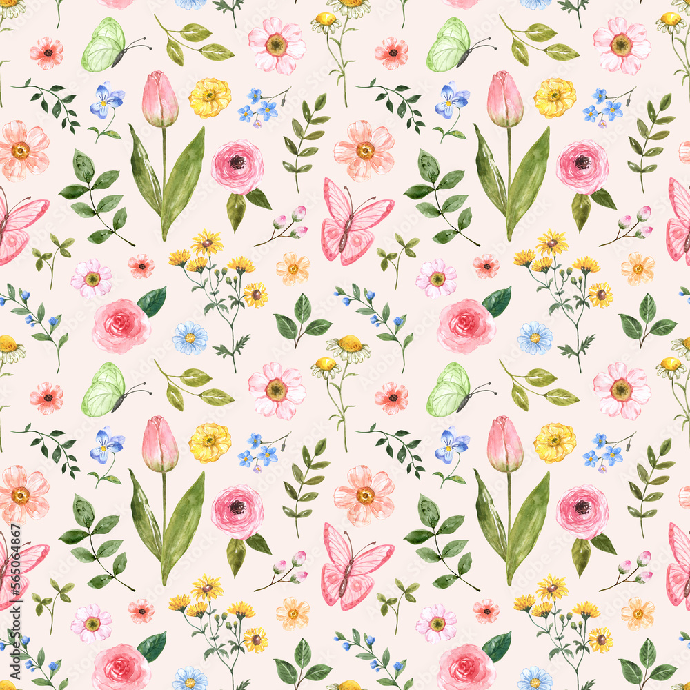 Cute floral seamless pattern. Watercolor pretty spring flowers, and butterflies on a pastel pink background. Botanical wallpaper.