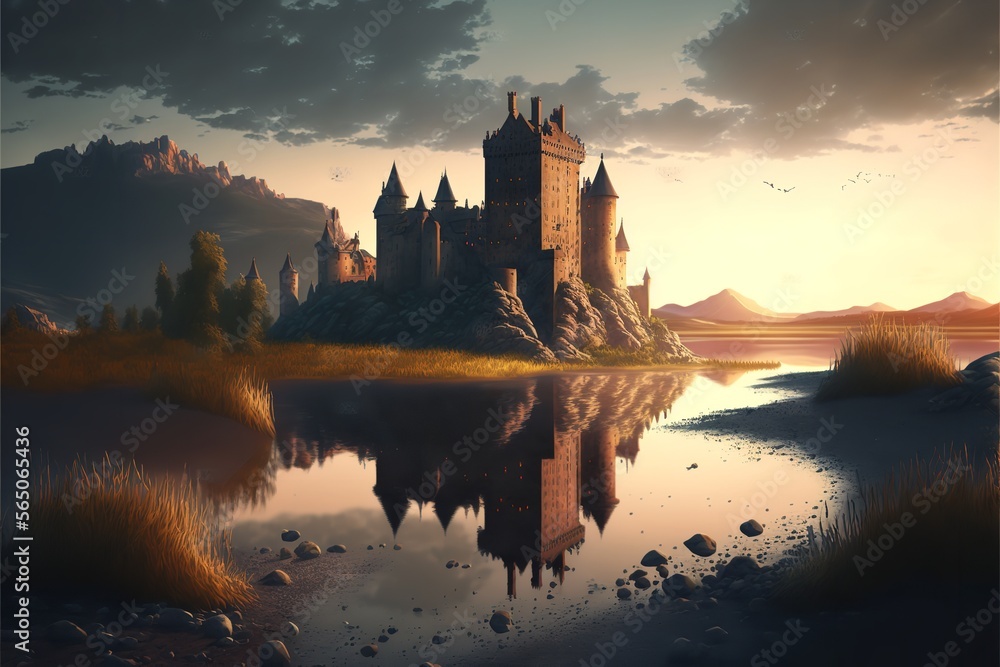Castle by river at sunset, nice landscape in summer, Generative AI. Castle by river at sunset, nice landscape in summer, Generative AI.