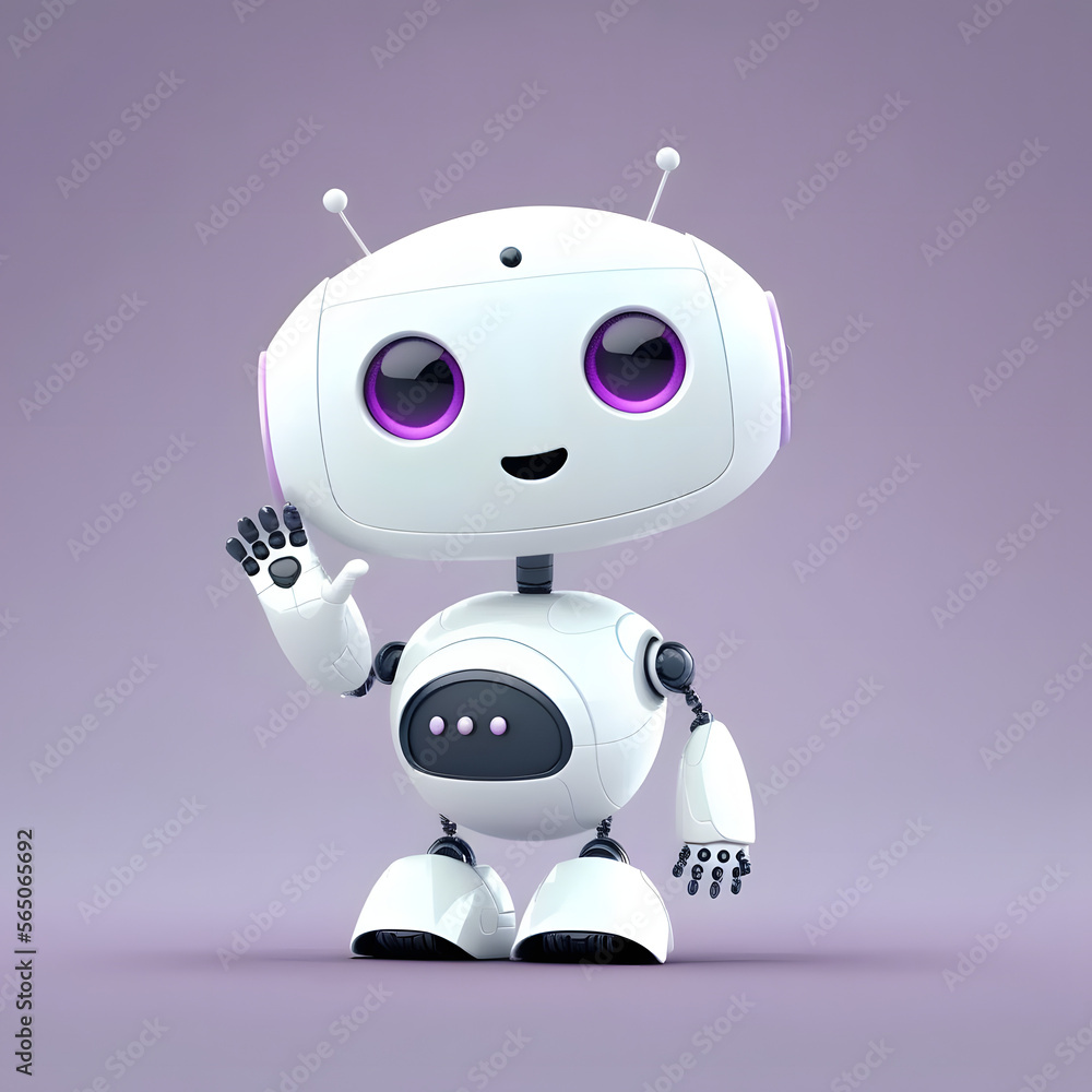 Friendly AI Chatbot Robot character waving, simple 3D blue background, Illustration generative ai Friendly AI Chatbot Robot character waving, simple 3D blue background, Illustration generative ai