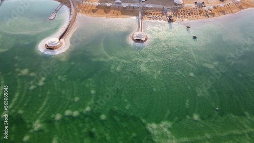 Dead Sea beautiful water warm weather with clear blue sky. Aerial footage taken by a drone 