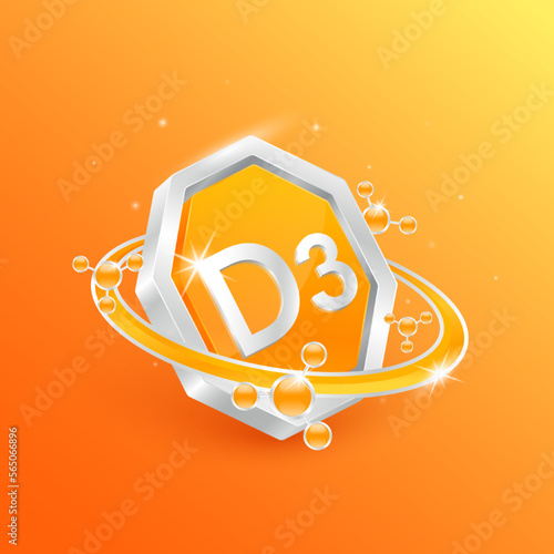 Logo label nutrition 3D silver. Vitamin D3 in octagon orange shape and atom orbit around. Used for products food design. Protect your body keep healthy. Medical concepts. Isolated Vector EPS10.