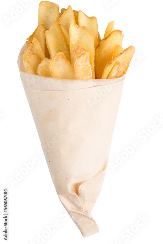 French fries in a paper bag. French fries in the form of chips