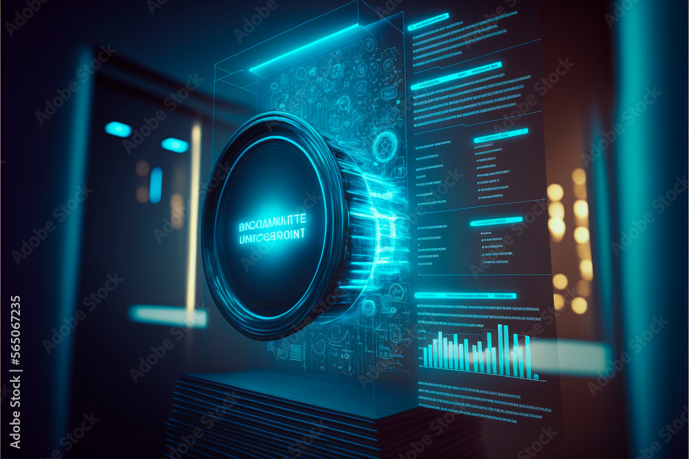 digital dashboard in 2023 against blue hologram. Artificial intelligence (AI), support for machine learning to accelerate business growth. Futuristic technology trend concept digital dashboard in 2023 against blue hologram. Artificial intelligence (AI), support for machine learning to accelerate business growth. Futuristic technology trend concept