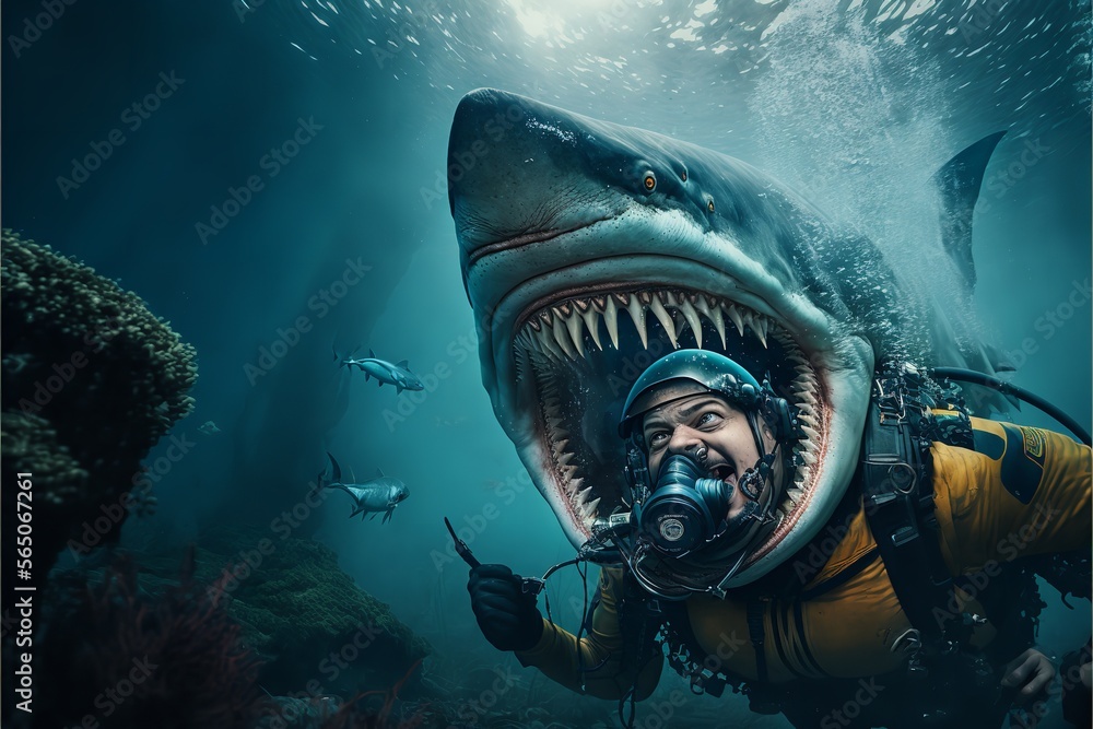 person, angry, attack, deep, diver, escape, fear, hunt, monster, mouth