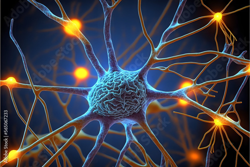 Model of Nerve Cells System Structure, 3D Neuron Science Background, Illustration generativ ai