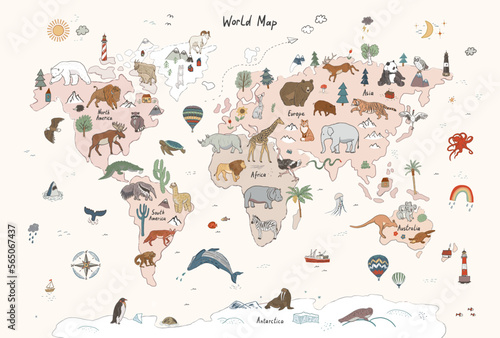 Animals world map vector illustration.