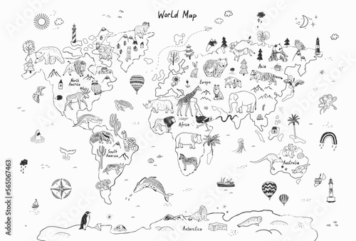 Animals world map line vector illustration.