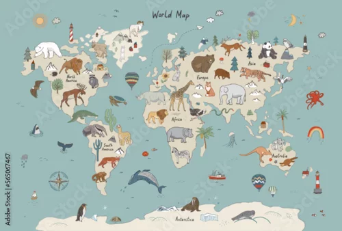 Obraz mapa świata zwierząt; ilustracja wektorowa