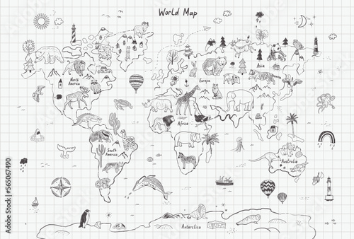Animals world map line vector illustration.